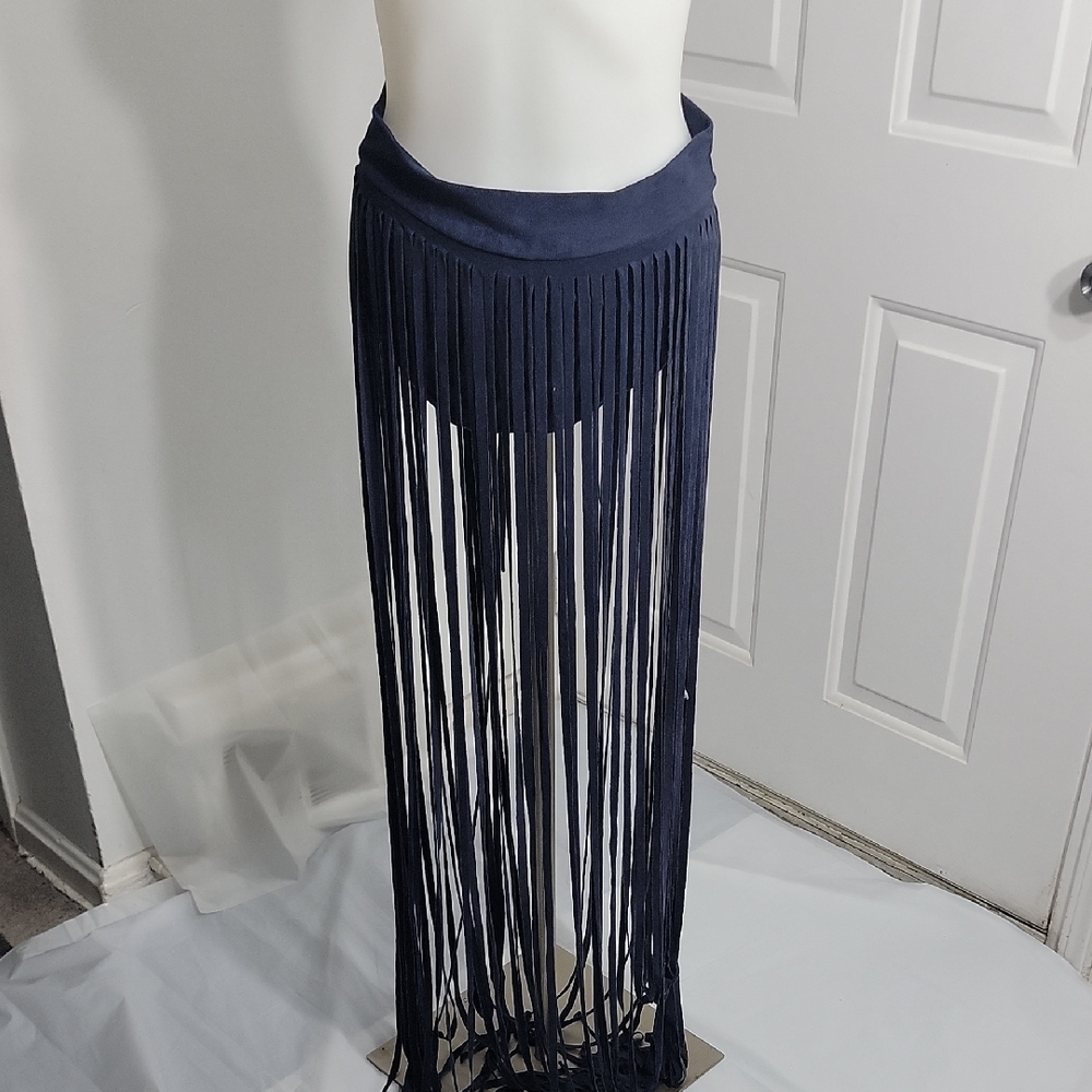Auditions Long Fringe Blue Cut Out Back Zipper Maxi Skirt for Night Out